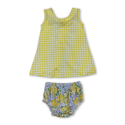 Sleeveless yellow plaid top floral bummies baby girls set