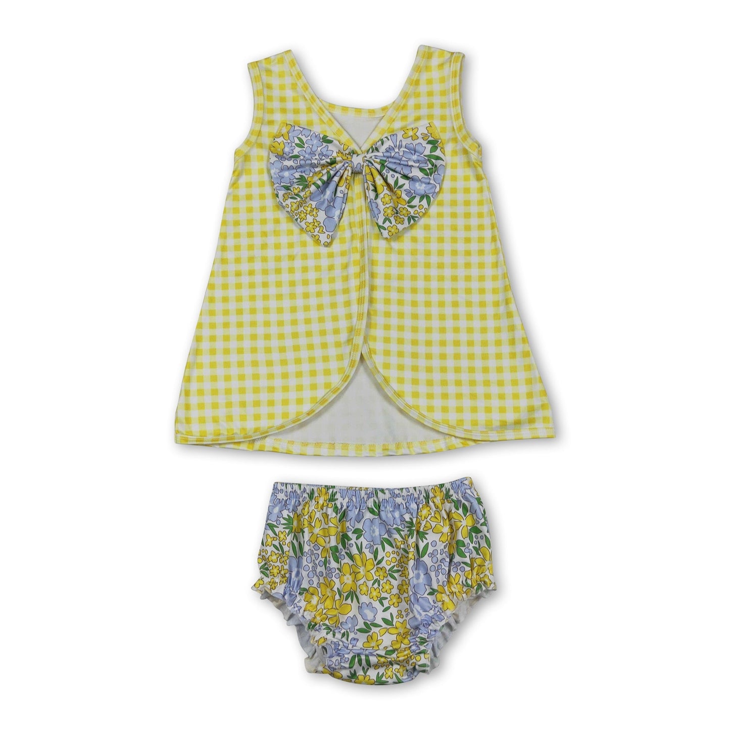 Sleeveless yellow plaid top floral bummies baby girls set