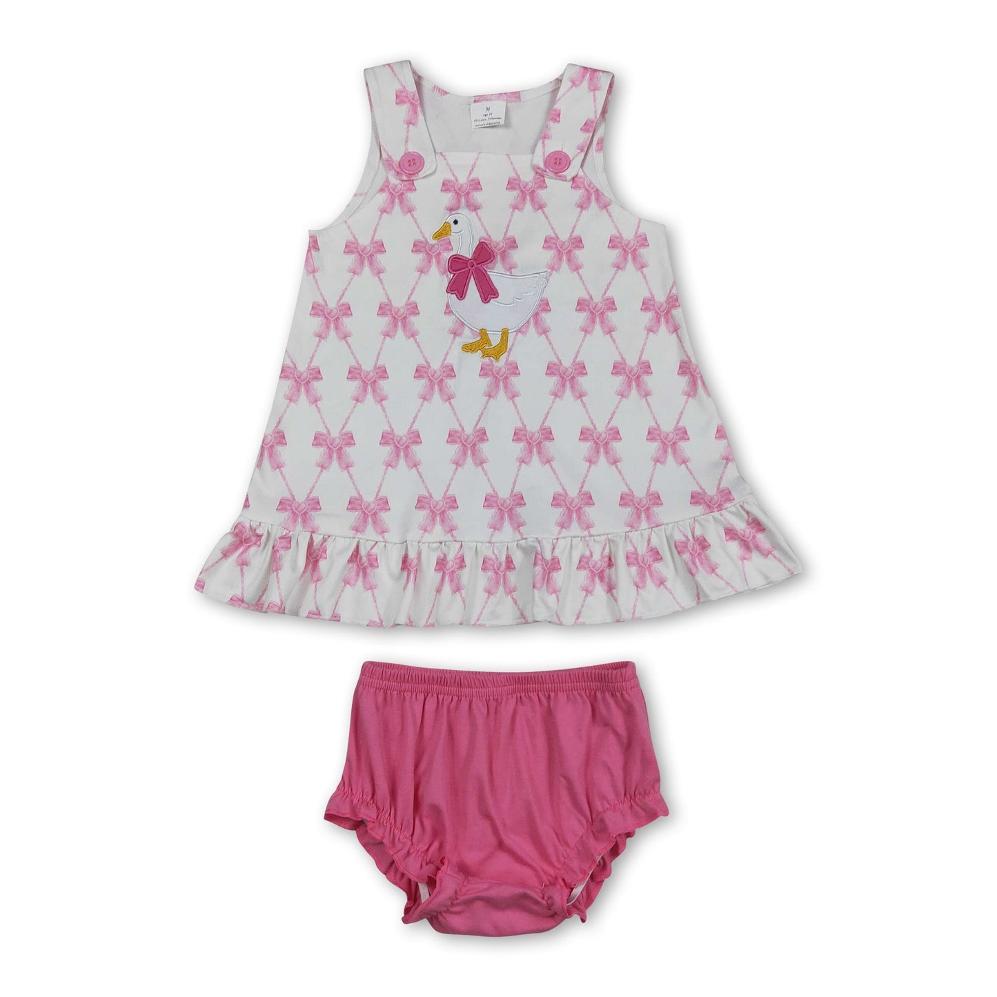 Sleeveless pink bow goose embroidery baby girls bummies set