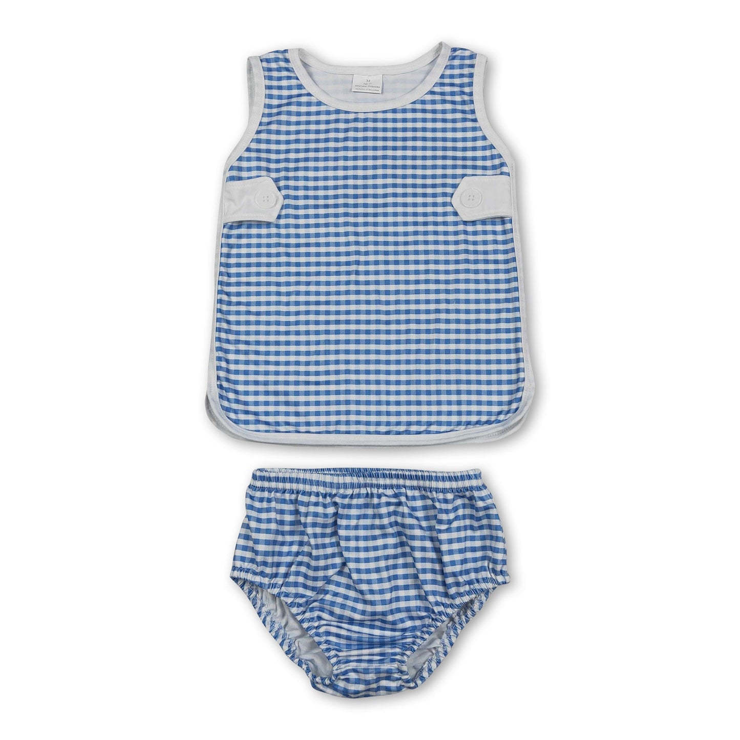 Sleeveless top light blue plaid bummies baby girls set