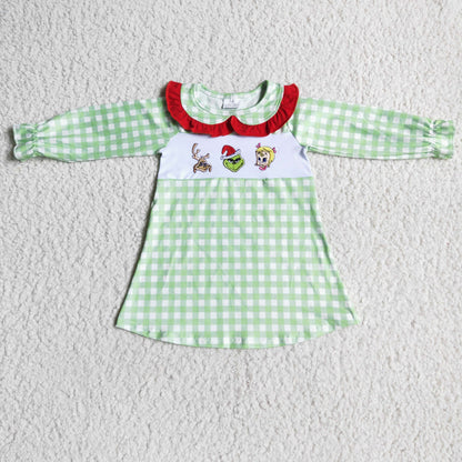 Plaid sleeves green face embroidery girls Christmas dresses