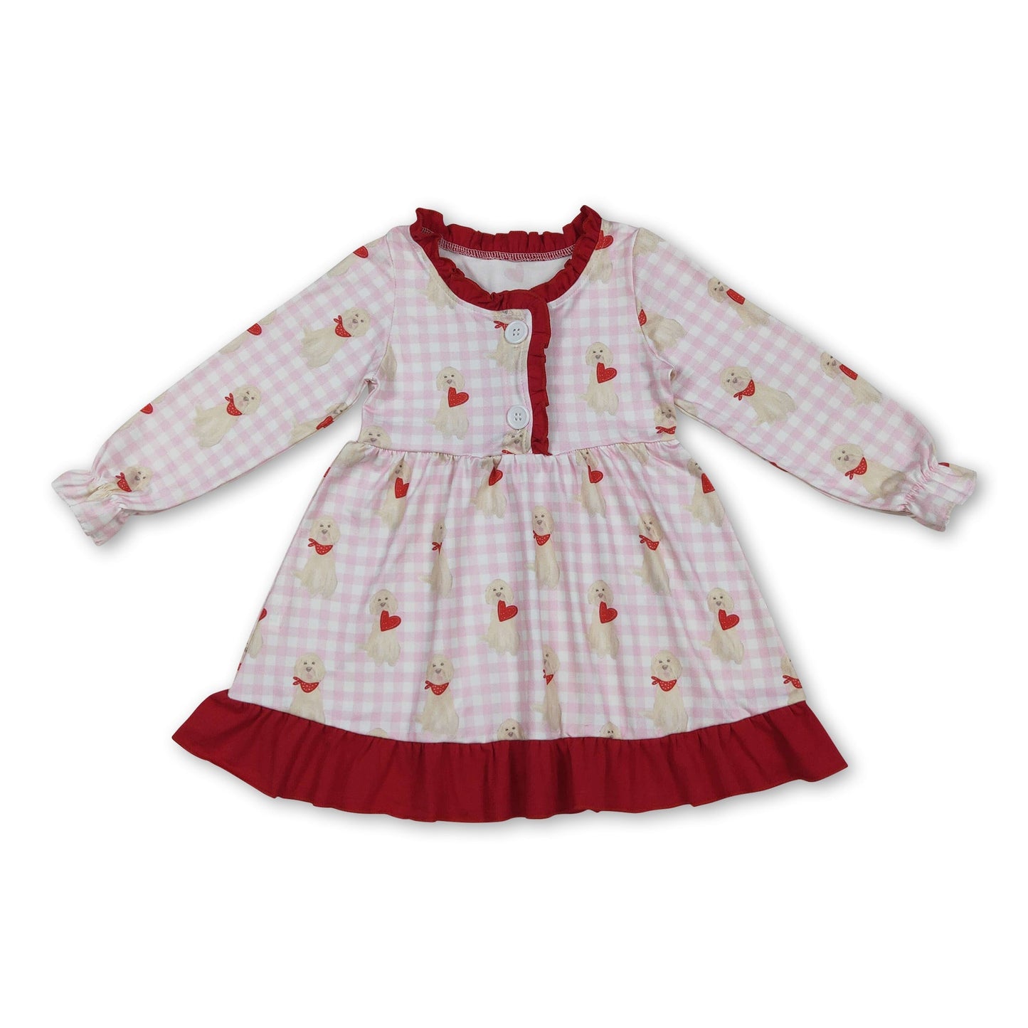 Pink plaid long sleeves heart dog girls valentine's night dress
