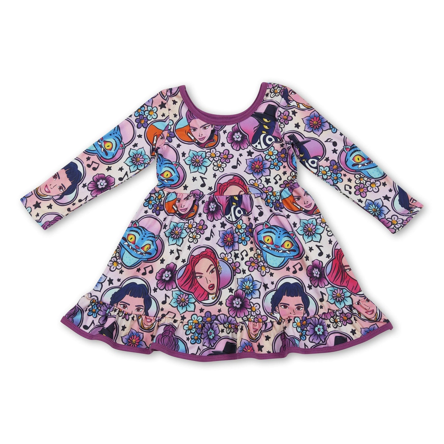 purple cartoon print long sleeve girl dress