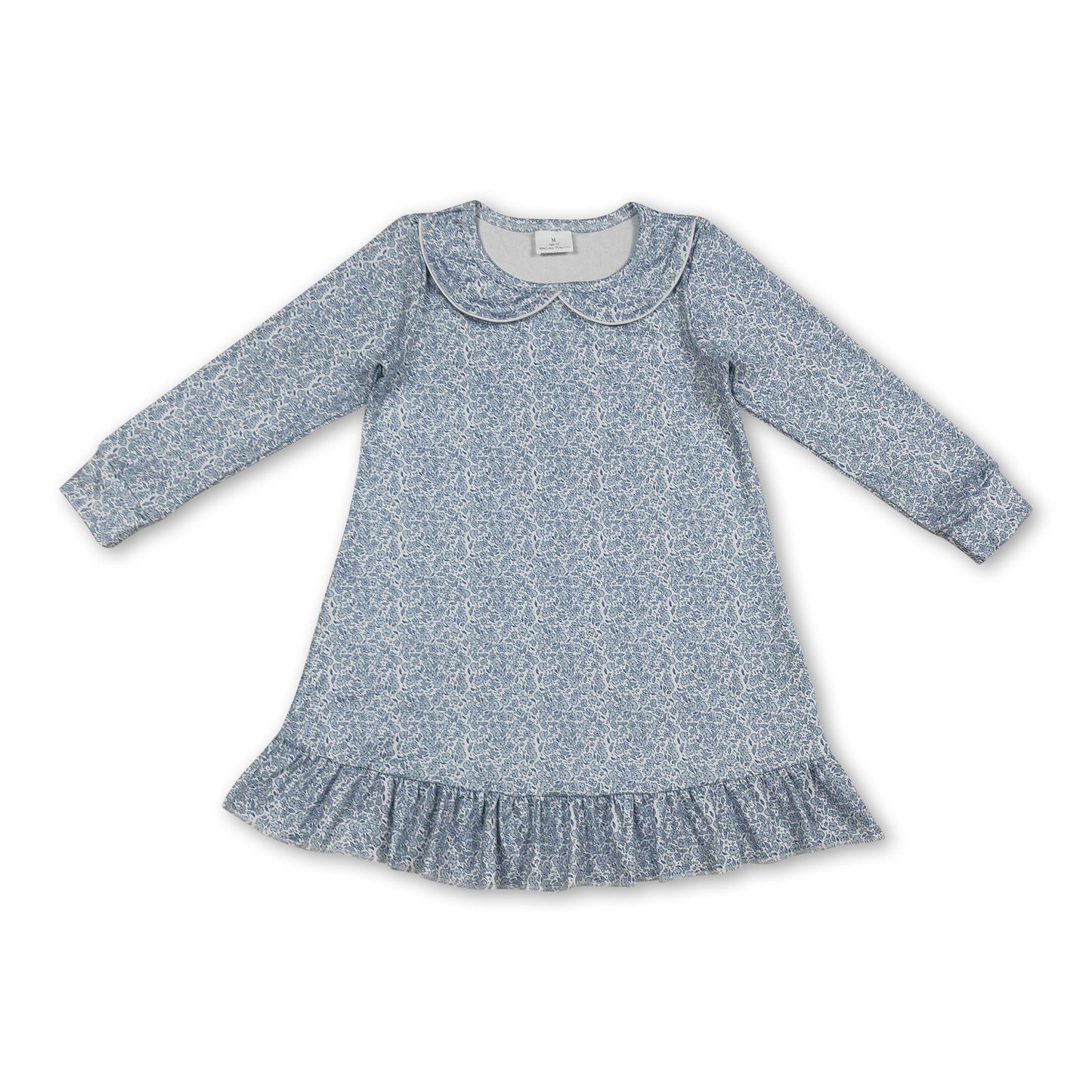 Long sleeves light blue floral ruffle baby girls dresses