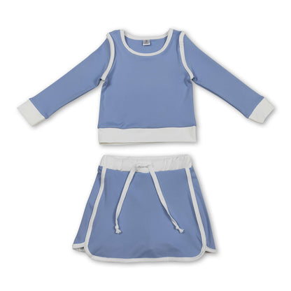 Long sleeves light blue top skirt kids girls active yoga outfits