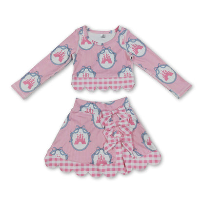 Long sleeves pink bow castle scallop girls active wear