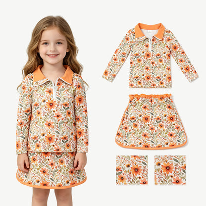 Long sleeves mustard floral pullover skirt girls outfits