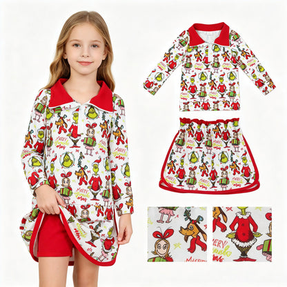 Green face gift pullover skirt girls Christmas outfit