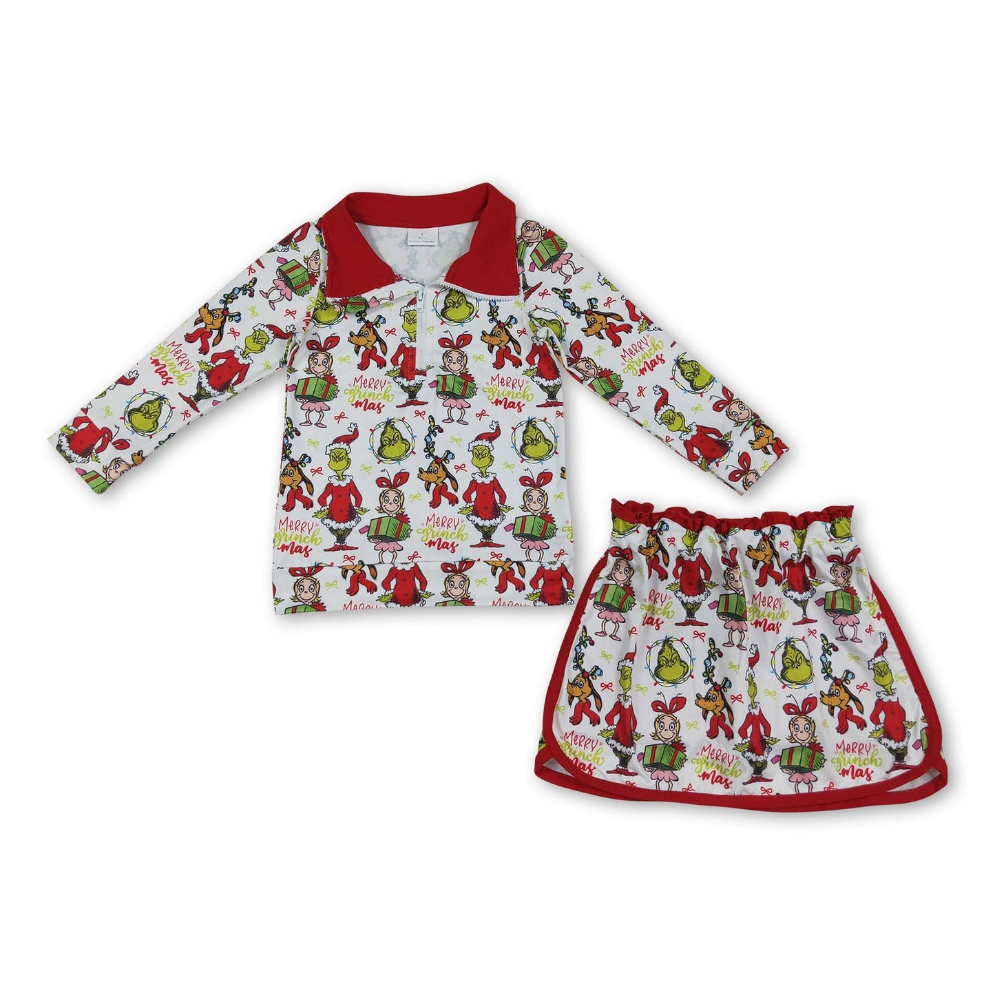 Green face gift pullover skirt girls Christmas outfit