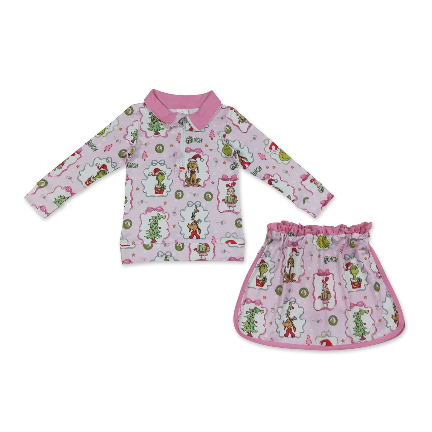 Pink bow green face pullover skirt girls Christmas outfit