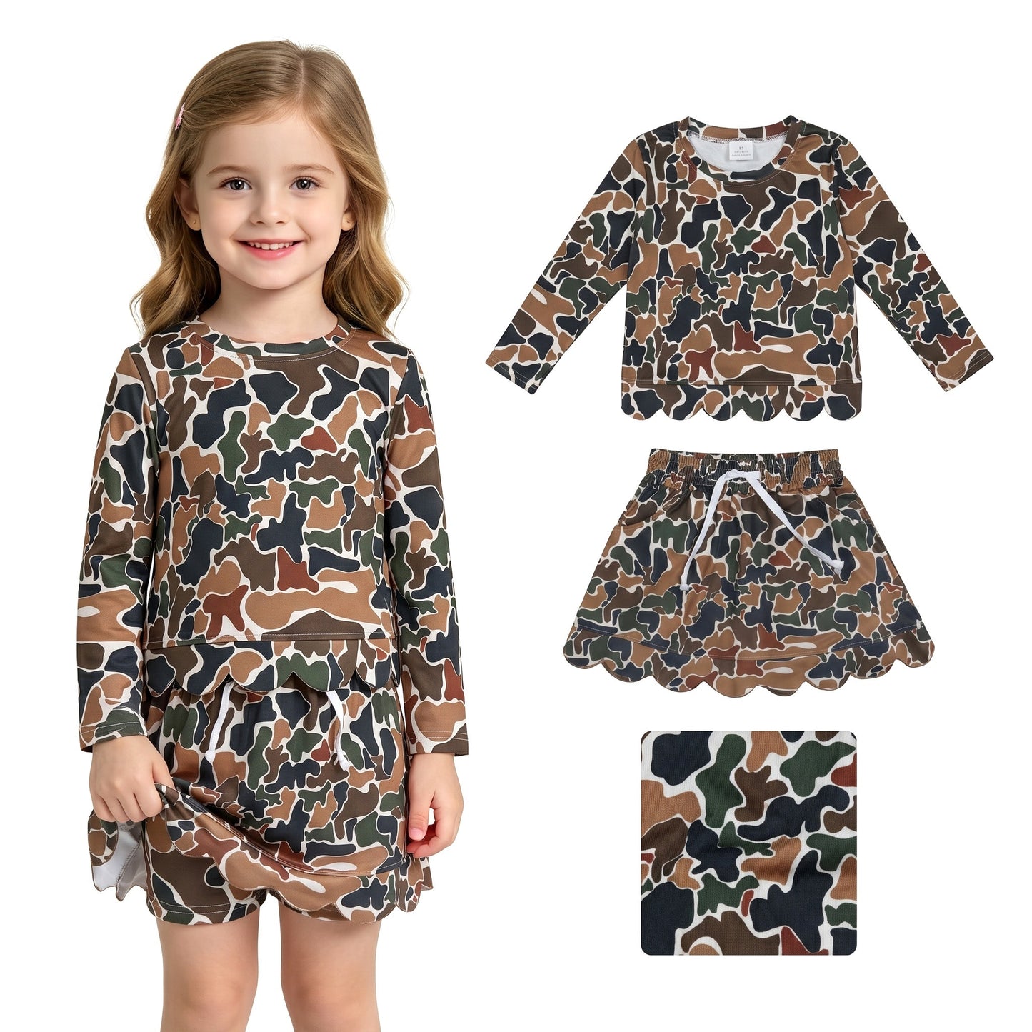 Long sleeves brown camo scallop top skirt girls outfit