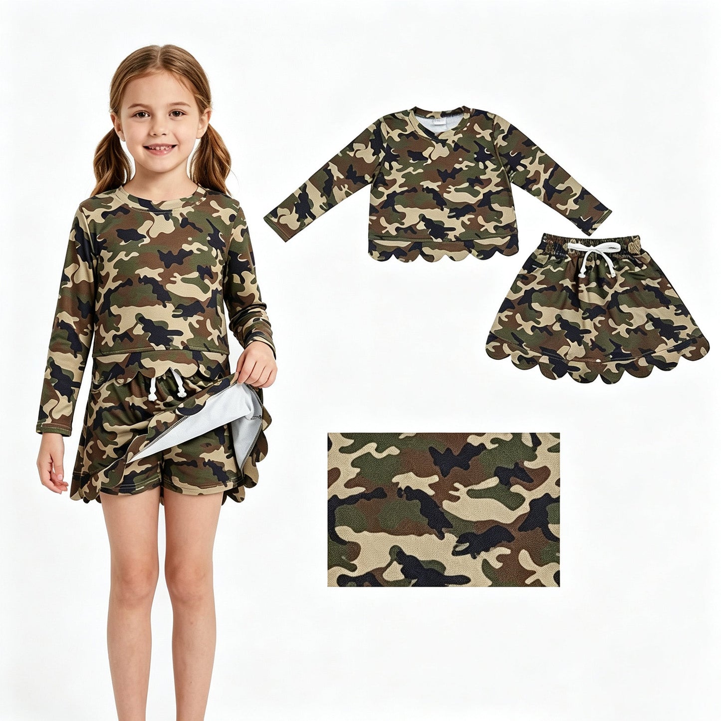 Long sleeves green camo scallop top skirt kids girls outfits