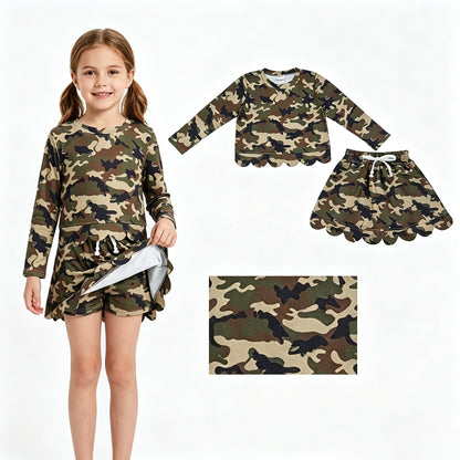 Long sleeves green camo scallop top skirt kids girls outfits