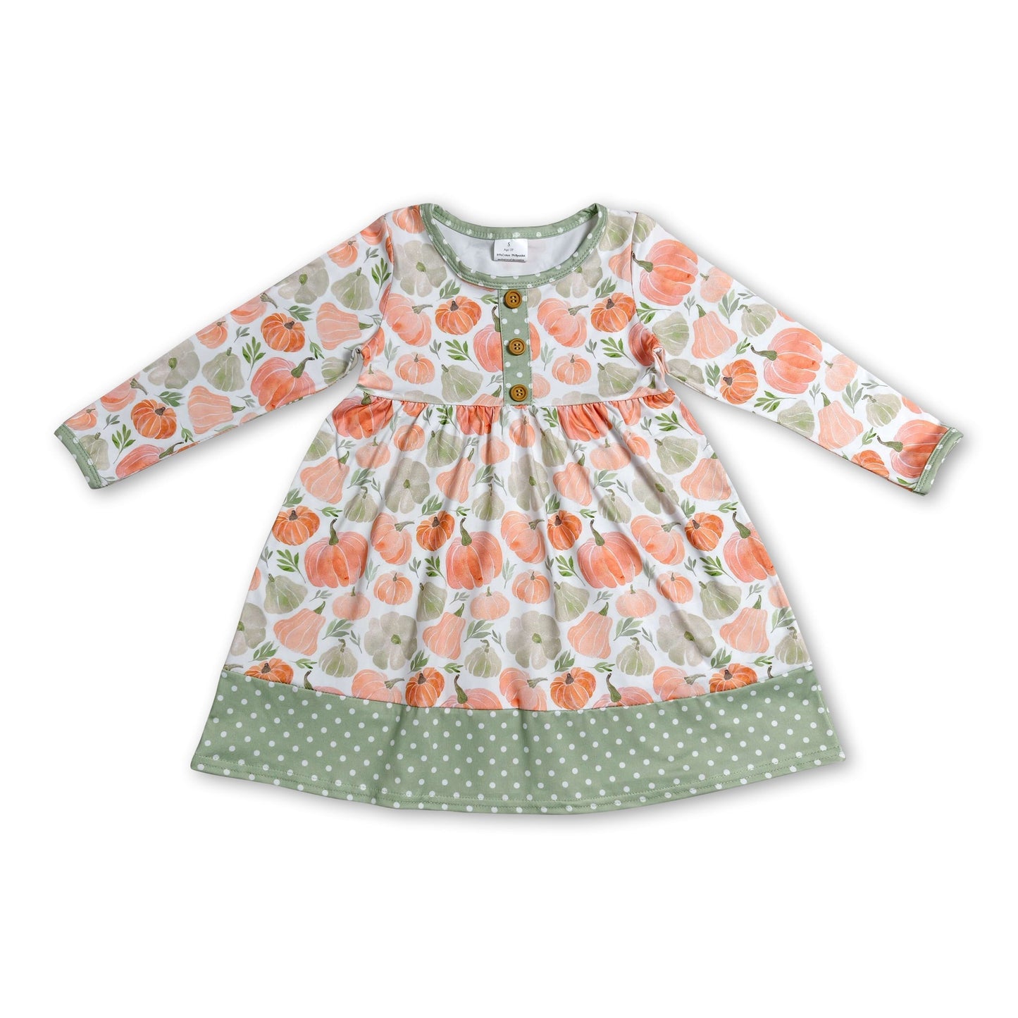 Long sleeves pumpkin polka dots kids girls fall dresses