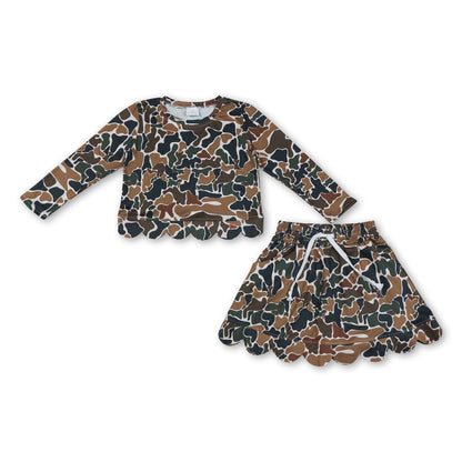 Long sleeves brown camo scallop top skirt girls outfit