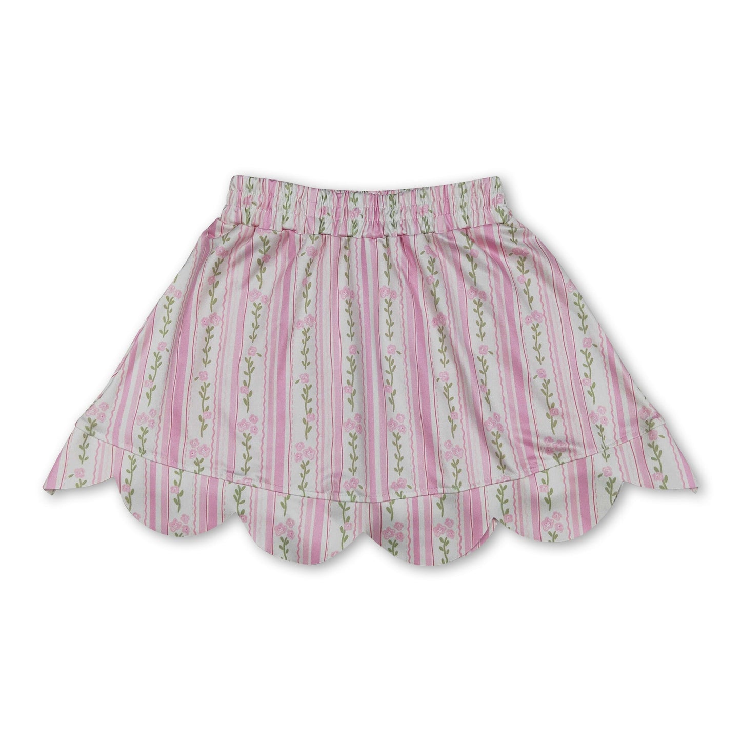 Pink floral elastic waist scallop kids girls skirts