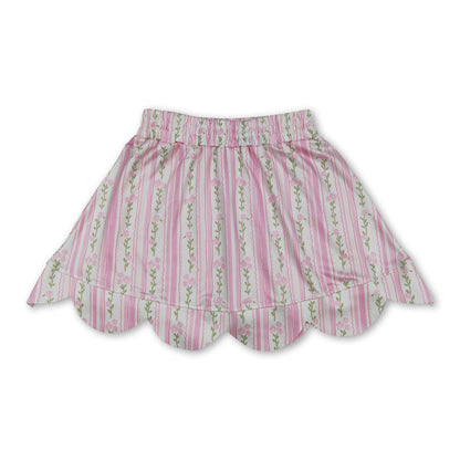 Pink floral elastic waist scallop kids girls skirts