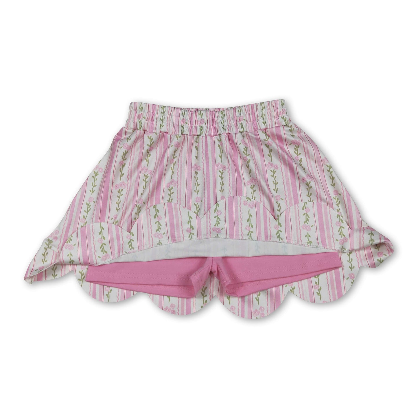 Pink floral elastic waist scallop kids girls skirts