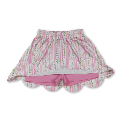 Pink floral elastic waist scallop kids girls skirts