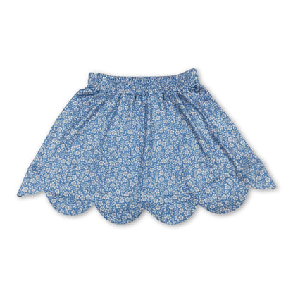 Blue floral elastic waist scallop kids girls skirts