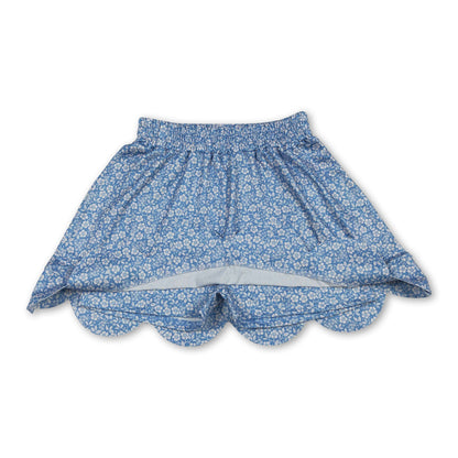 Blue floral elastic waist scallop kids girls skirts