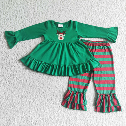 Reindeer embroidery tunic stripe pants kids girls Christmas clothes