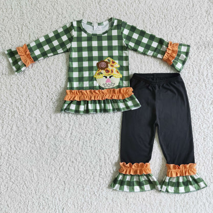 Plaid shirt scarecrow embroidery shirt ruffle pants girls fall clothes