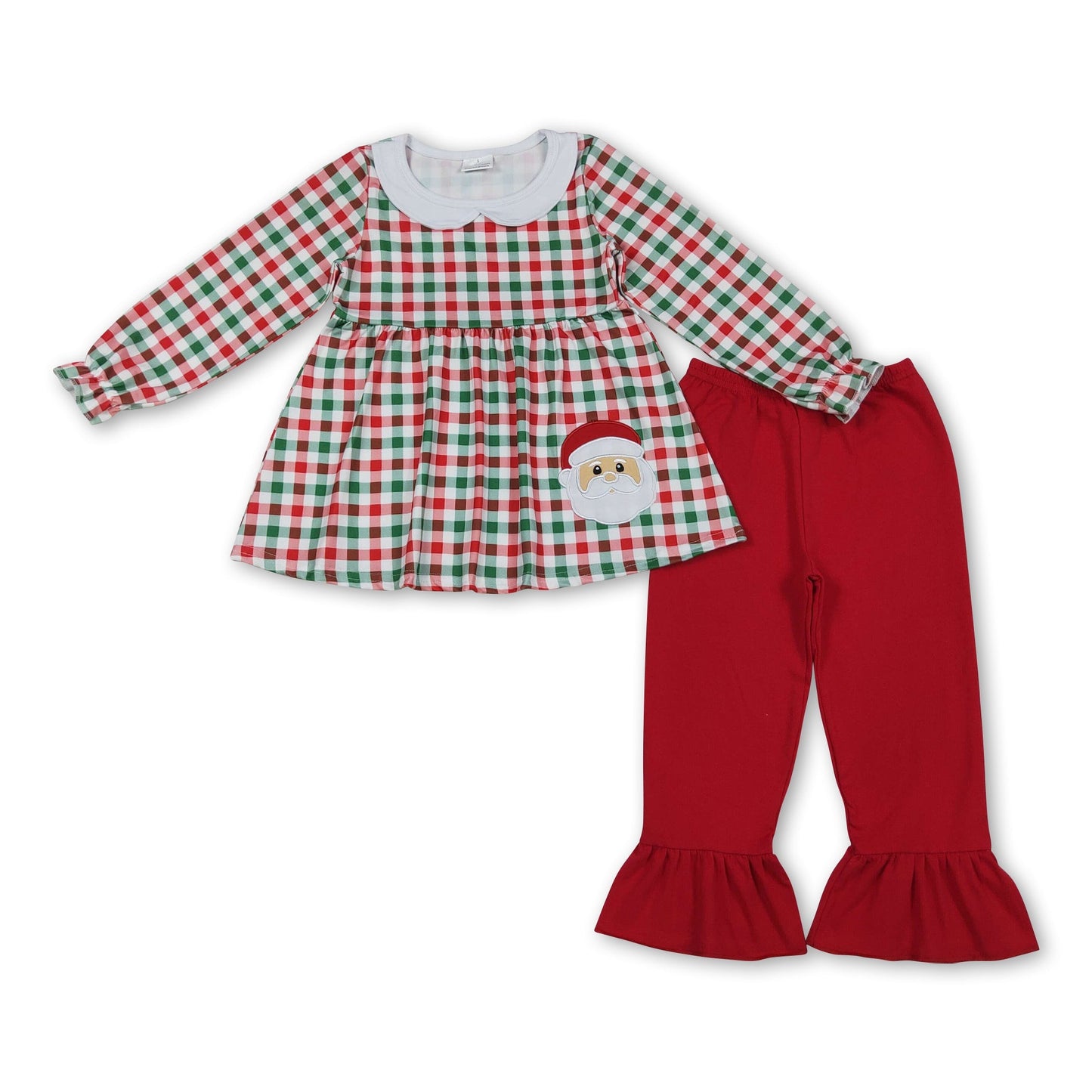 Red green plaid  santa tunic ruffle pants girls Christmas outfits