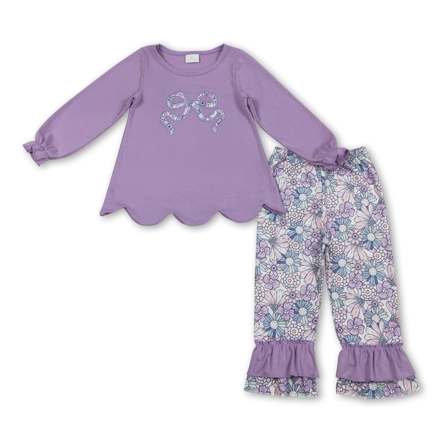 Long sleeves lavender floral bow top ruffle pants girls clothes