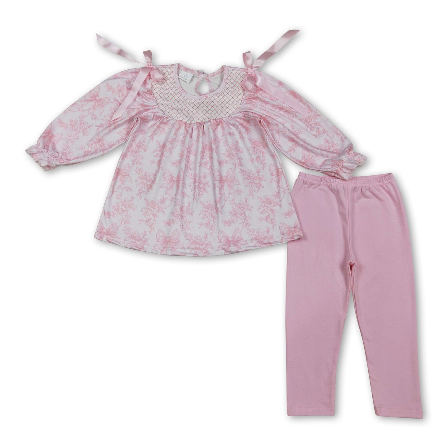 Long sleeves pink bow floral tunic leggings girls outfits