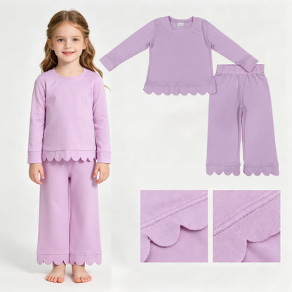 Cotton long sleeves scallop girls fall pajamas set