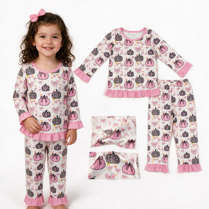 Pink ruffle bow pumpkin kids girls fall pajamas set
