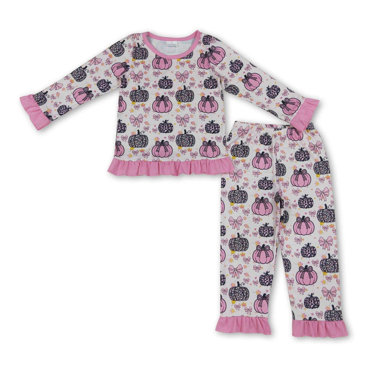 Pink ruffle bow pumpkin kids girls fall pajamas set