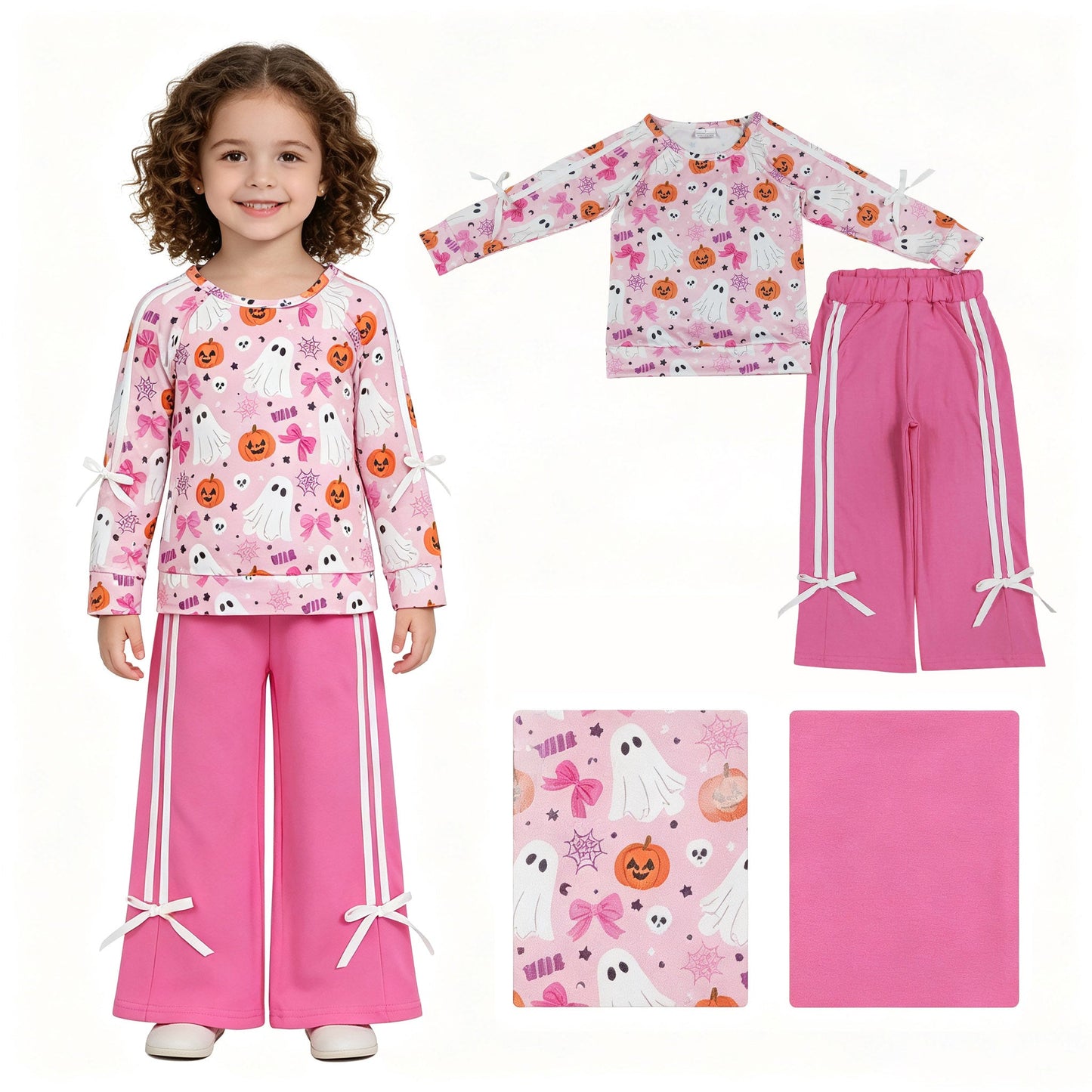 Ghost pumpkin bow top cotton pants girls Halloween set