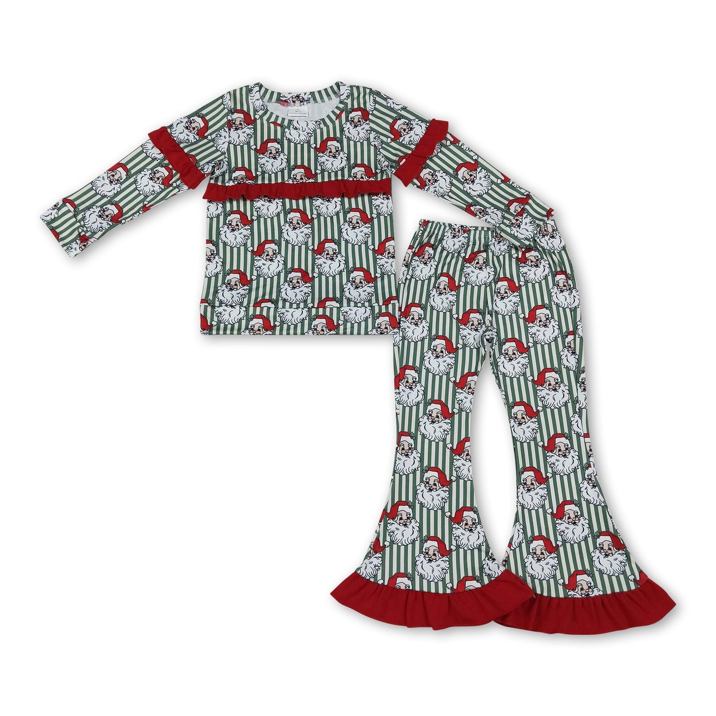 Red ruffle stripe santa top pants girls Christmas outfits