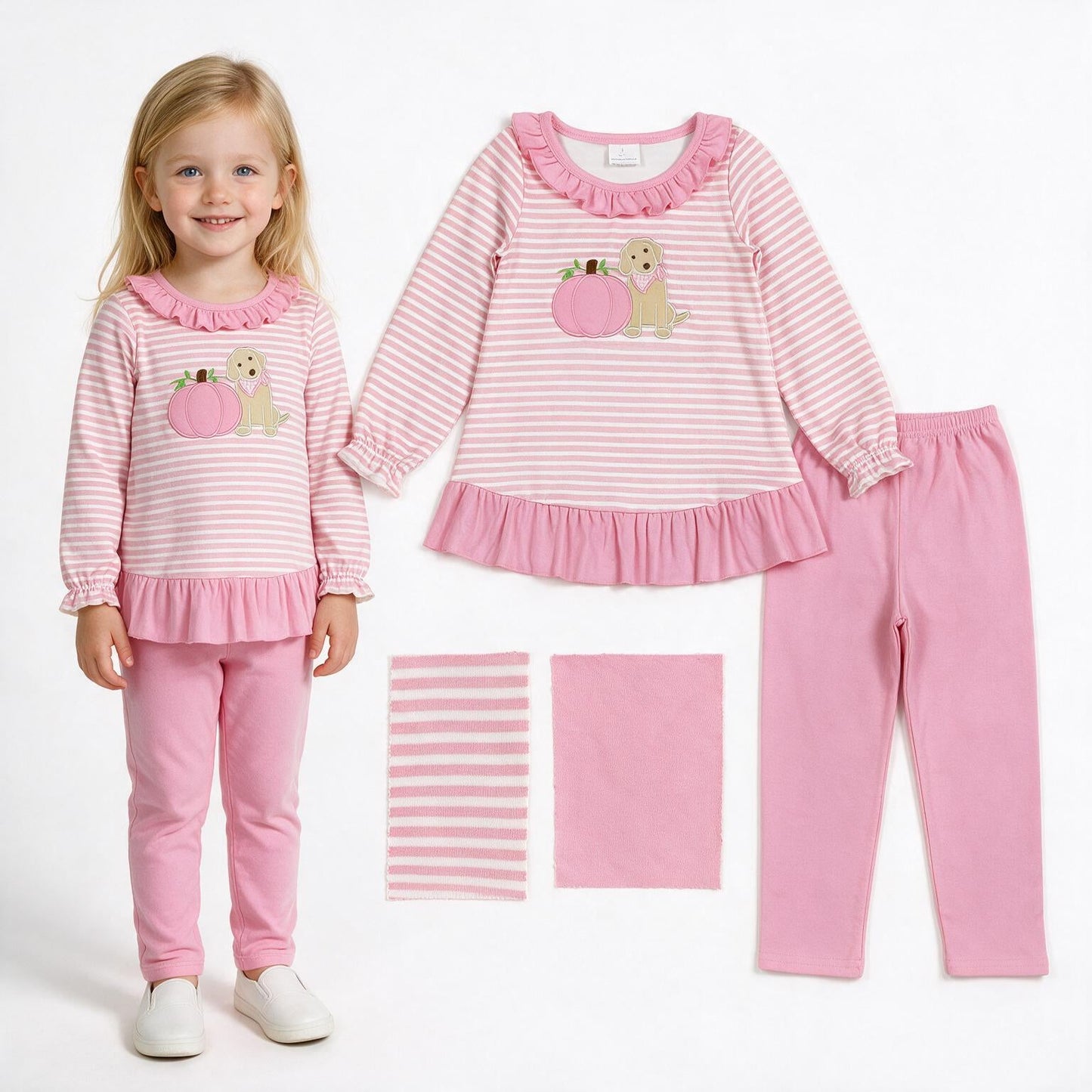 Pumpkin dog embroidery top leggings girls fall clothes