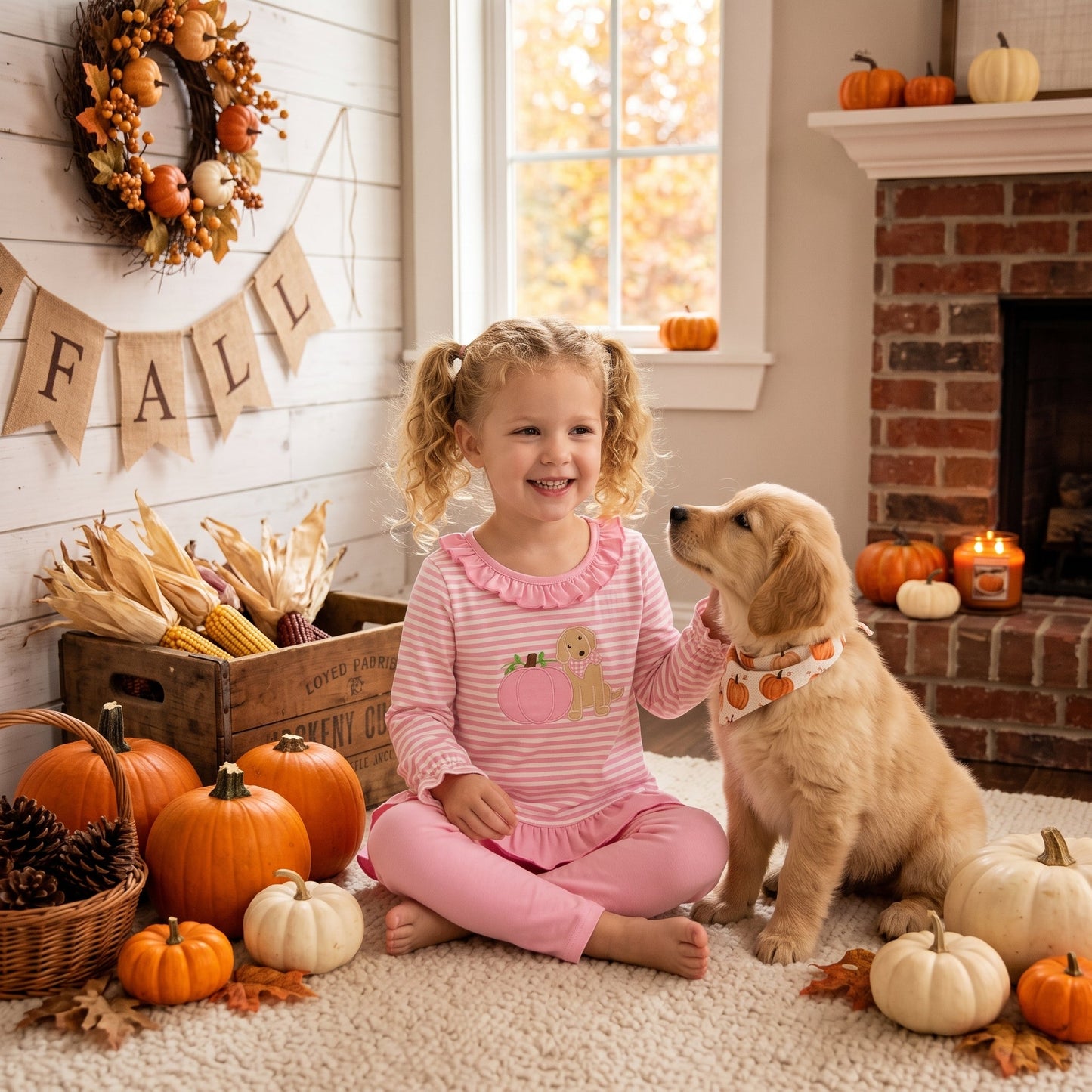 Pumpkin dog embroidery top leggings girls fall clothes
