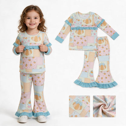 Ruffle pumpkin bow paid top pants girls fall outfits