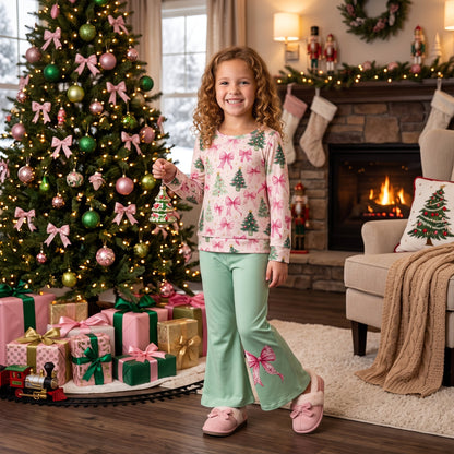 Pink bow Christmas tree top pants kids girls outfits