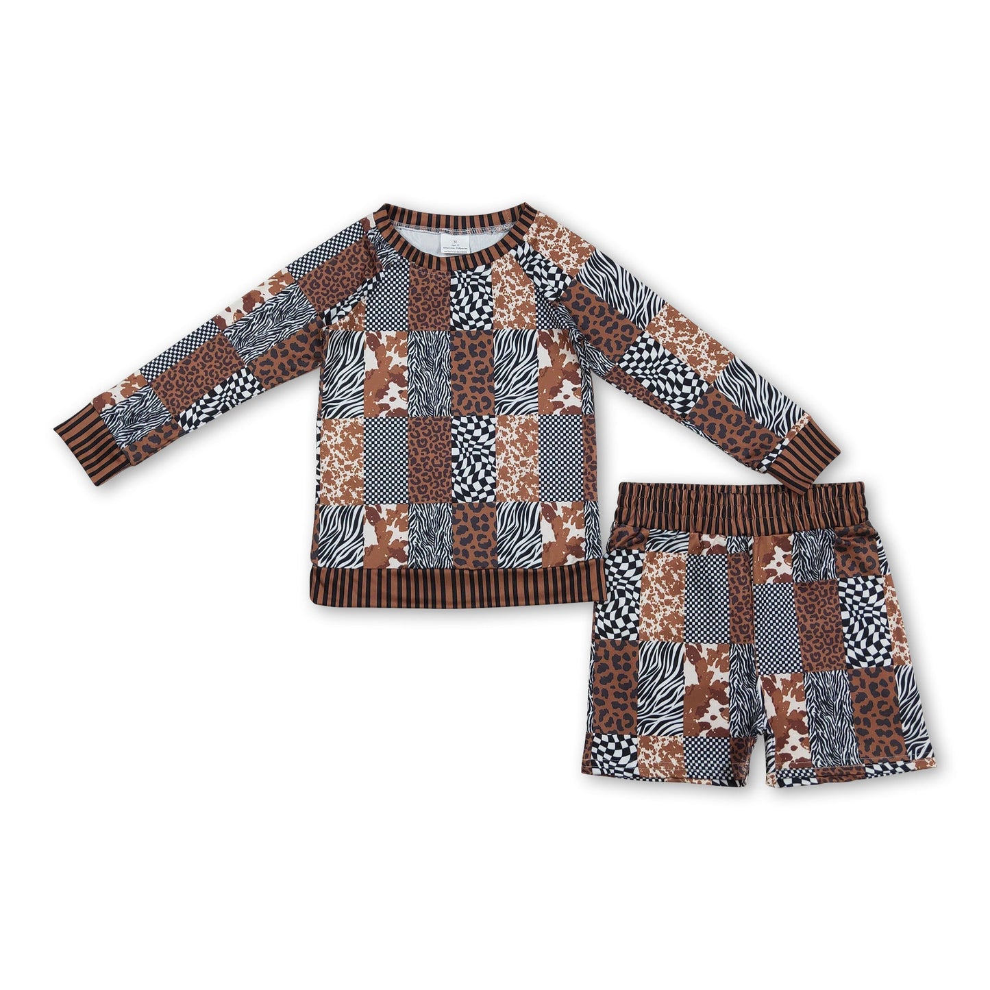 Long sleeves leopard plaid cow print top shorts girls outfits
