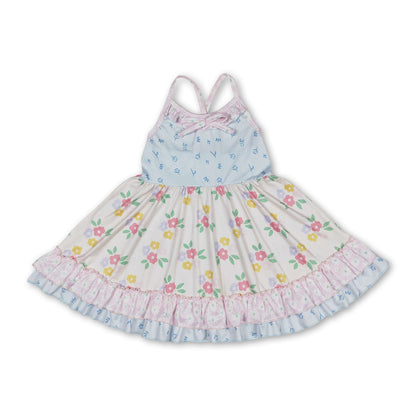 Straps beige floral ruffle girls summer dresses