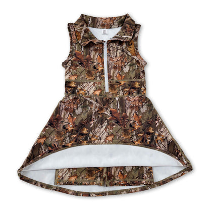 Sleeveless leaves camo zipper kids girls athletic dresses
