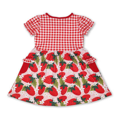Red plaid short sleeves strawberry baby girls dresses