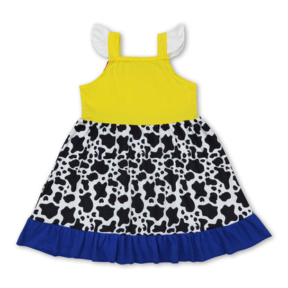 Yellow cow print flutter sleeves ruffle baby girls dress
