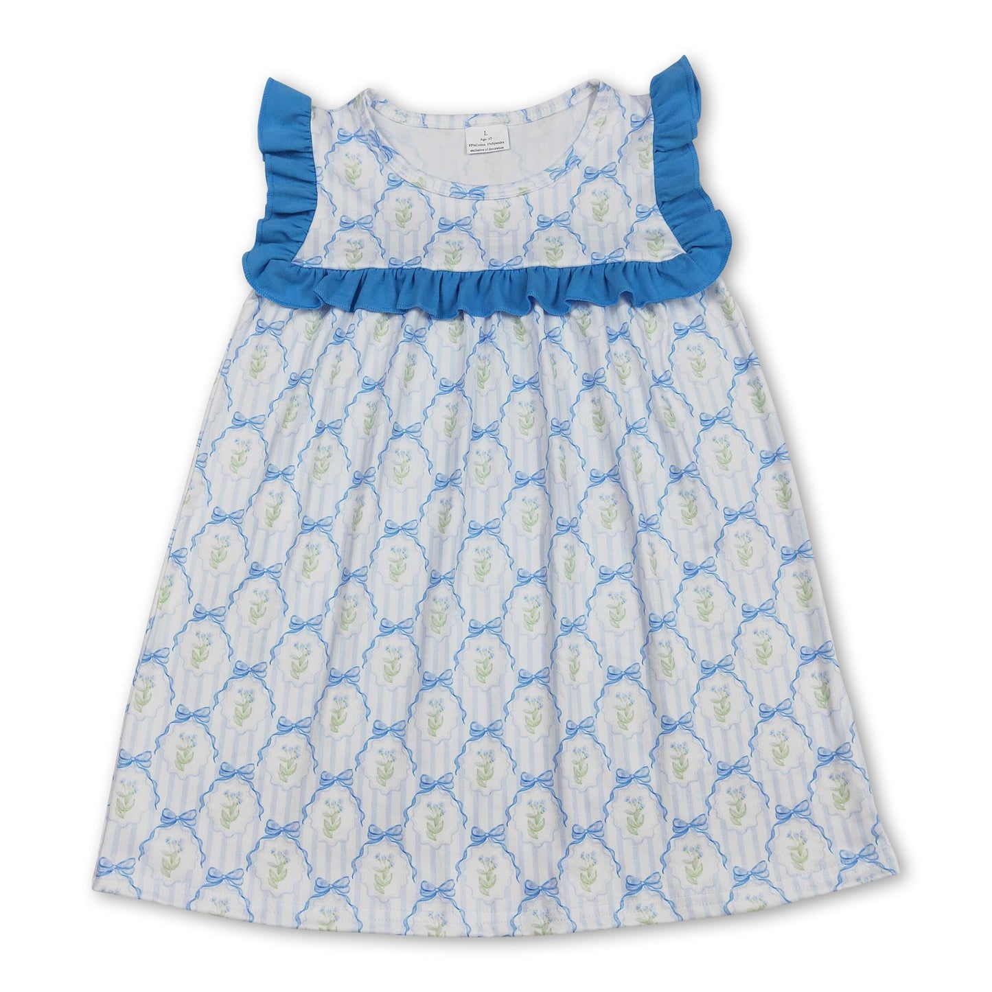 Blue ruffle stripe floral bow baby girls summer dress