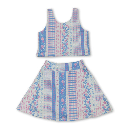 Sleeveless pink blue floral top skirt girls activewear set