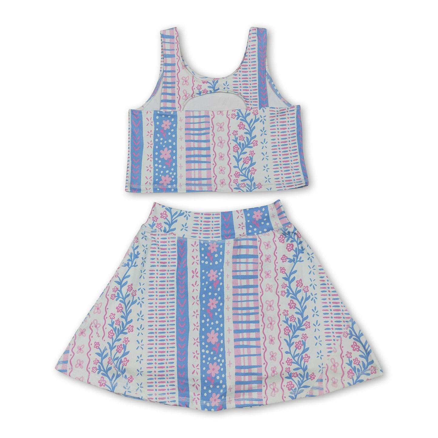Sleeveless pink blue floral top skirt girls activewear set