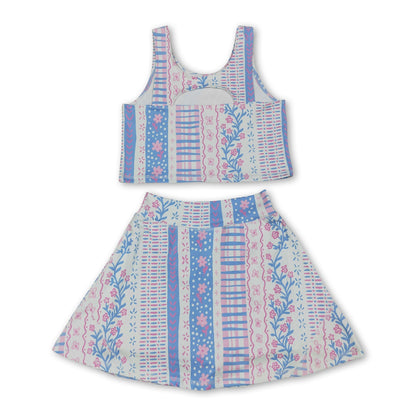 Sleeveless pink blue floral top skirt girls activewear set