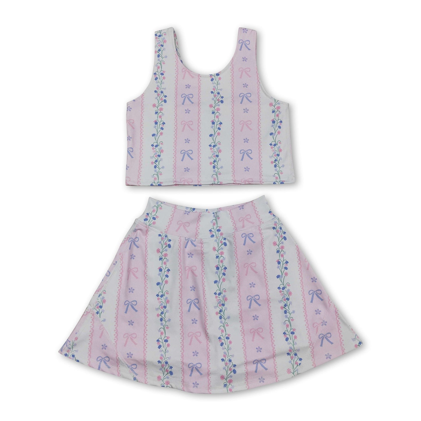 Sleeveless pink bow floral top skirt girls active wear set