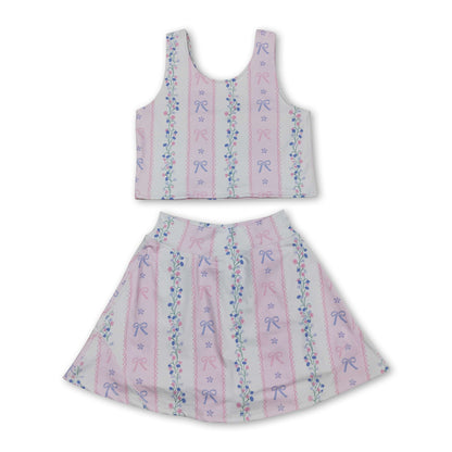 Sleeveless pink bow floral top skirt girls active wear set